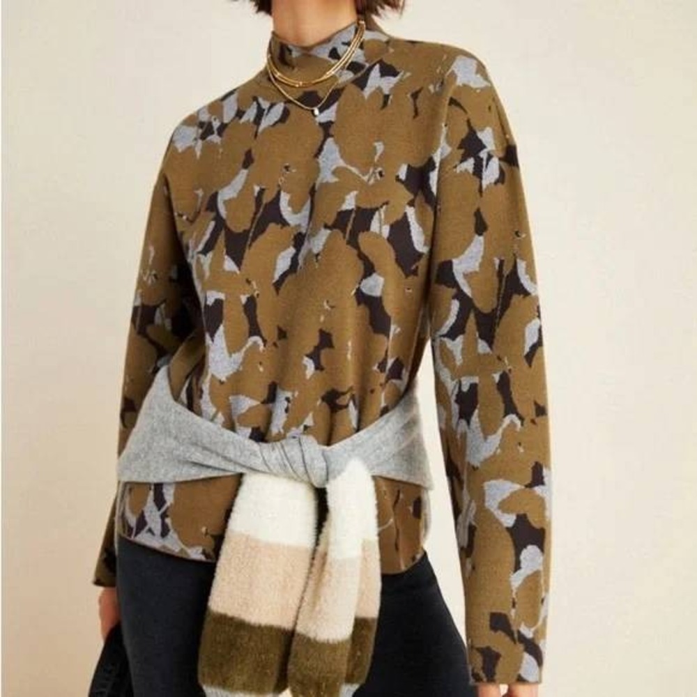 Floral Cowl Neck Sweater - Brown and Gray